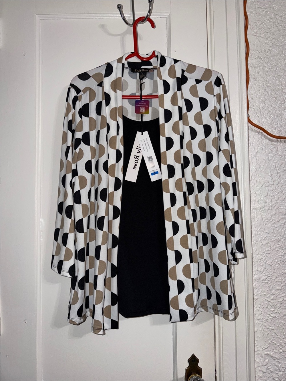 Emily Rose Black White Taupe Polka Dot Open Cardigan